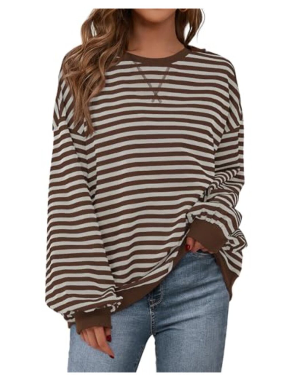 Oversized Striped Sweatshirt Women Cotton Blend Crew Neck Loose Pullover